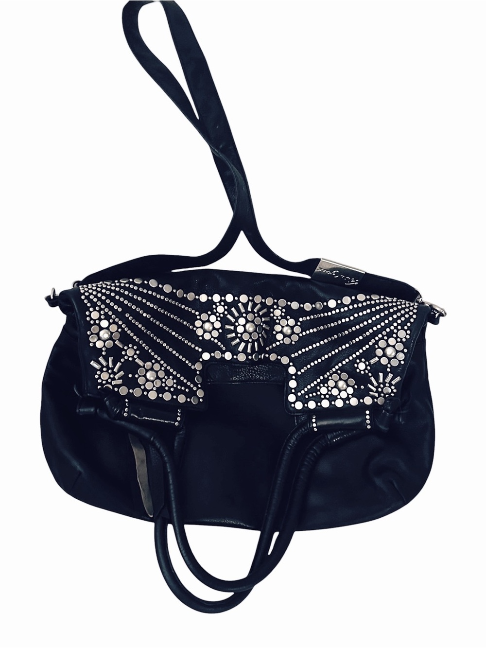 Foley + Corinna Black Leather Shoulder Bag with Silver Stud Embellishments